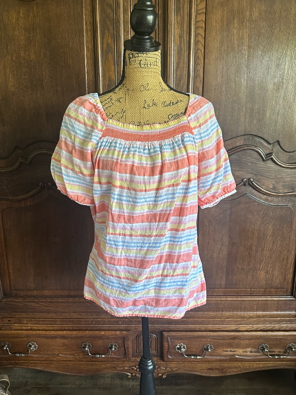 Talbots 100% Linen Multicolor Striped Smocked Peasant Blouse